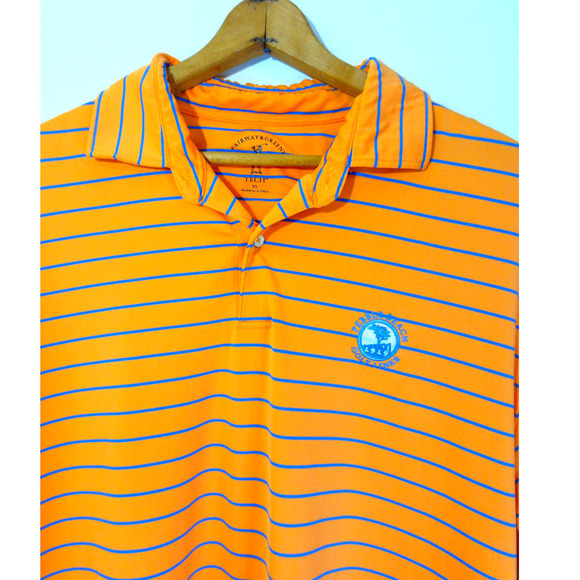 Fairway & Greene Tech Pebble Beach Men's XL Orange Blue Stripe Golf Shirt - Picture 2 of 6